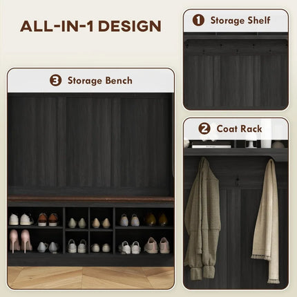 FurnitureZ l  Farmhouse Style 3-in-1 Entryway Storage Bench with Coat Rack and Shoe Rack