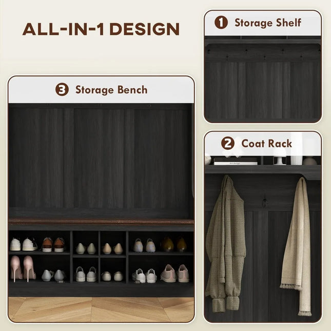 FurnitureZ l  Farmhouse Style 3-in-1 Entryway Storage Bench with Coat Rack and Shoe Rack