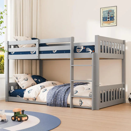 FurnitureZ l  Solid Wood Low Twin Over Twin Bunk Bed for Bedroom, Kids