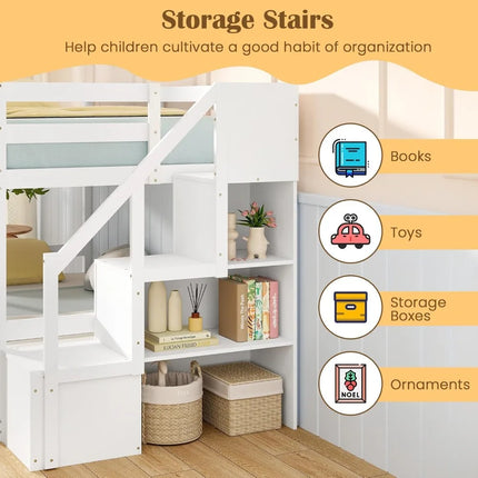 FurnitureZ l  Twin Over Twin Bunk Bed with Stairs for Bedroom, Kids