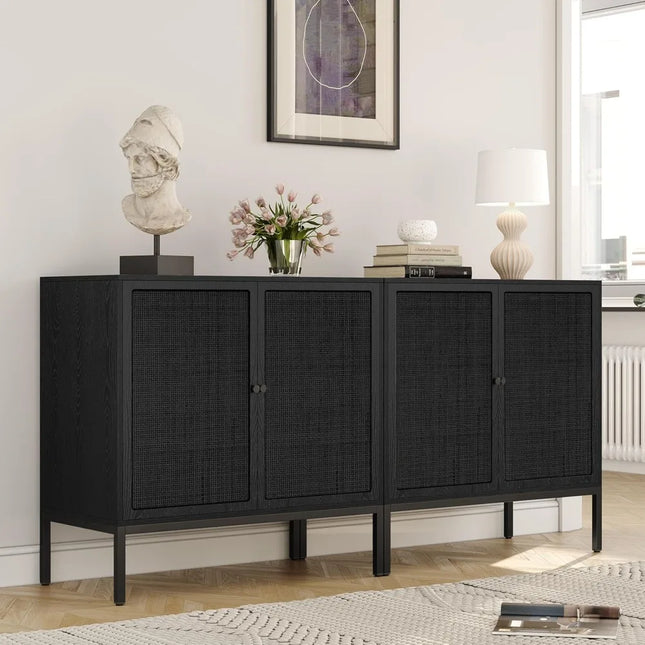 FurnitureZ l  Pair of Black Rattan Farmhouse Sideboard for Living Room, Dining Room