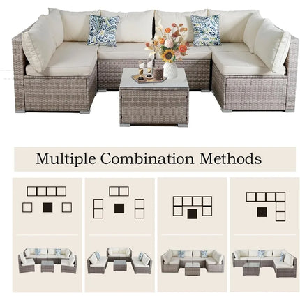 FurnitureZ l  7 Piece Outdoor Patio Sectional Sofa Set with able Cushions & Tempered Glass Table