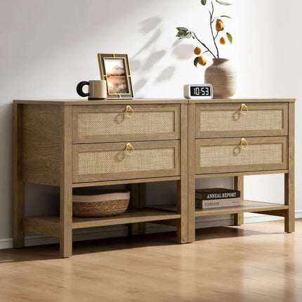 FurnitureZ l  Rattan Nightstand Duo Table for Living Room, Bedroom