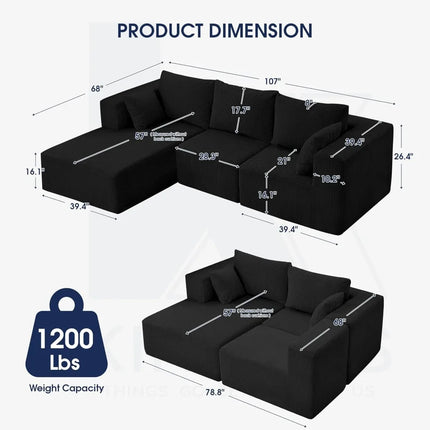 FurnitureZ l  107'' Cloud Couch Sofa with Deep Seat for Living Room