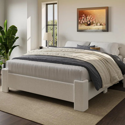 FurnitureZ l  Sturdy Queen-Sized Boucle Platform Bed Frame for Bedroom