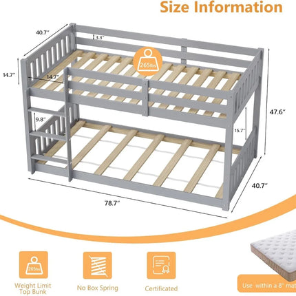 FurnitureZ l  Solid Wood Low Twin Over Twin Bunk Bed for Bedroom, Kids