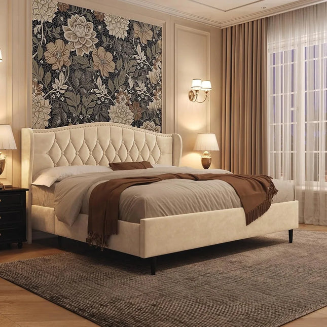 FurnitureZ l  Luxury Velvet Wingback Platform Bed Frame for Bedroom