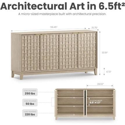 FurnitureZ l  Solid Wood Fluted Sideboard Cabinet for Living Room, Dining Room