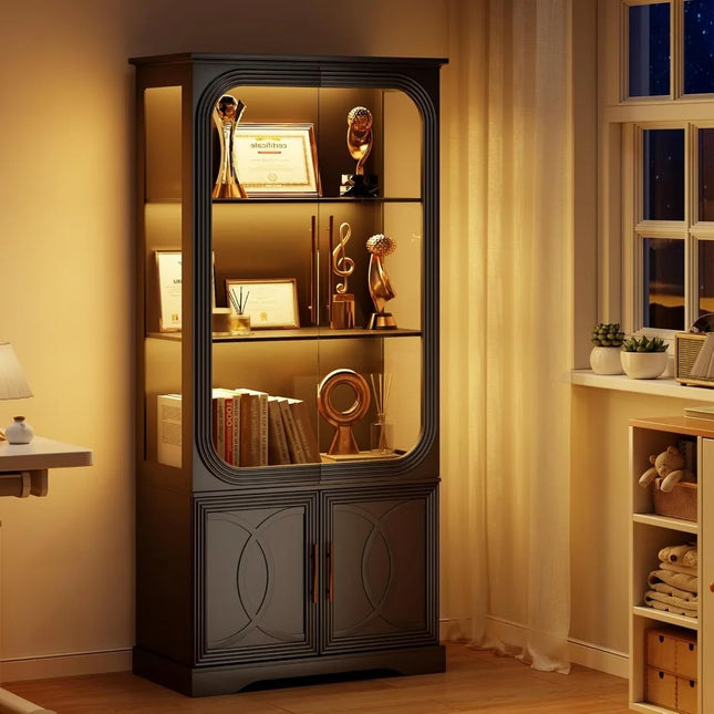 FurnitureZ l  Illuminated Glass Door Display Cabinet for Living Room, Dining Room