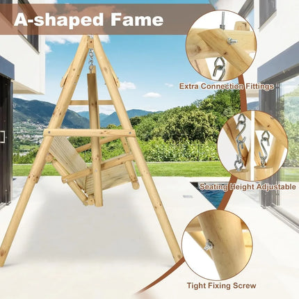 FurnitureZ l  Wooden 2-Seat Porch Swing with A-Frame Stand for Outdoor