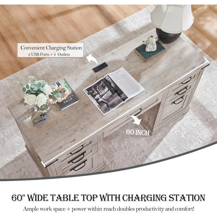 FurnitureZ l  60" Farmhouse Executive Desk for Home Office