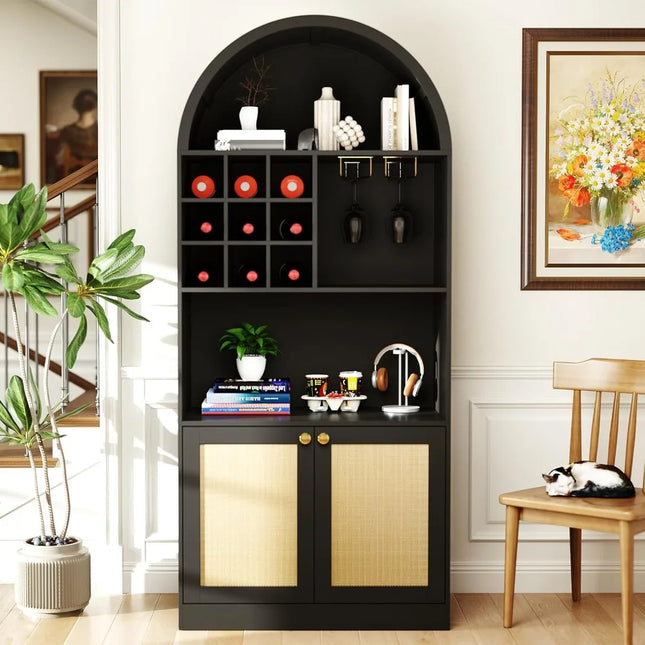 FurnitureZ l  71" Arched Bar Cabinet with Wine Rack & Glass Holder for Dining Room