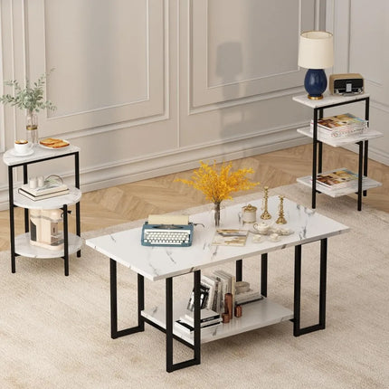 FurnitureZ l  Three-Piece Faux Marble and Metal Frame Table Set for Living Room