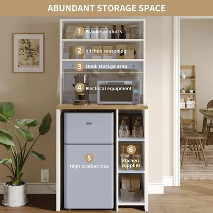 FurnitureZ l  White 6-Tier Mini Fridge Cabinet with Storage and Built-in Power Outlet