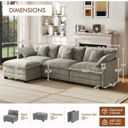 FurnitureZ l  111.4” Cloud Modular Sectional Sofa for Living Room