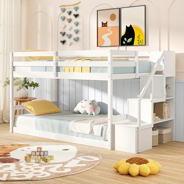 FurnitureZ l  Twin Over Twin Bunk Bed with Stairs for Bedroom, Kids