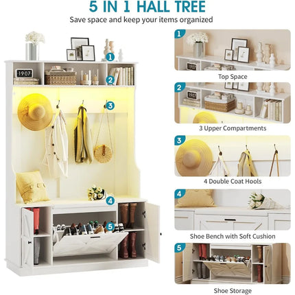 FurnitureZ l  Hall Tree with Bench, Shoe Storage, Coat Rack for Entryway