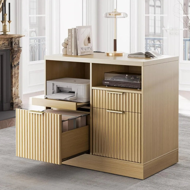 FurnitureZ l Fluted Wood Lateral Filing Cabinet for Home Office