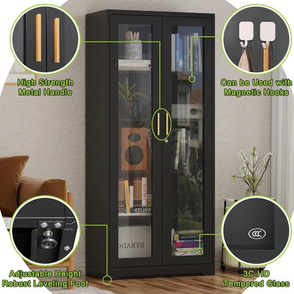 FurnitureZ l  71" Tall Metal and Glass Display Book Cabinet for Living Room, Dining Room, Home Office