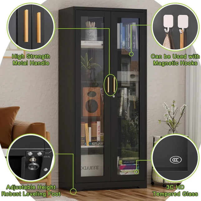 FurnitureZ l  71" Tall Metal and Glass Display Book Cabinet for Living Room, Dining Room, Home Office