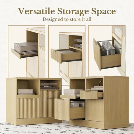 FurnitureZ l Fluted Wood Lateral Filing Cabinet for Home Office