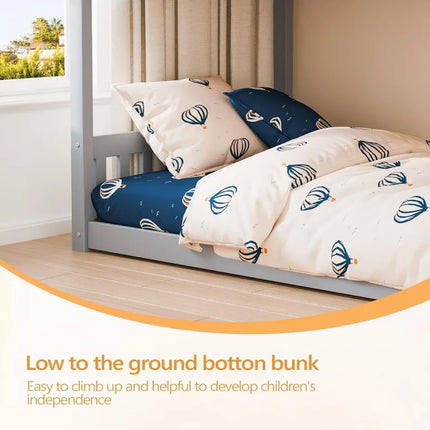 FurnitureZ l  Solid Wood Low Twin Over Twin Bunk Bed for Bedroom, Kids