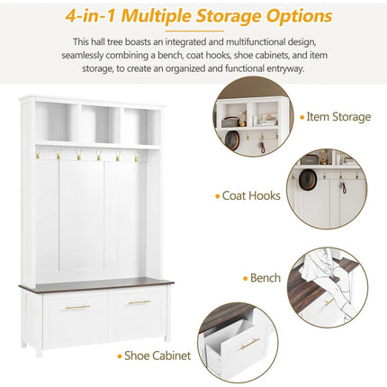 FurnitureZ l  Merax 47 Farmhouse Style Wood Hall Tree with Bench for Entryway