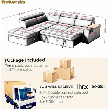 FurnitureZ l  90" Ultra-fine Fiber Segmented Sleeper Sofa with Pull-Out Bed for Living Room