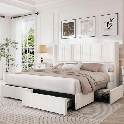 FurnitureZ l  Linen-Covered Queen Platform Bed Frame for Bedroom