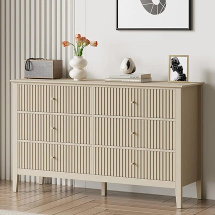 FurnitureZ l  Beige Modern Fluted 6-Drawer Dresser for Living Room, Bedroom