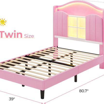 FurnitureZ l  Headboard Platform Twin Size Princess Bed Frame for Bedroom, Kids
