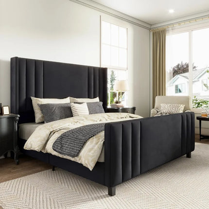 FurnitureZ l  Queen Size Velvet Platform Bed Frame for Bedroom