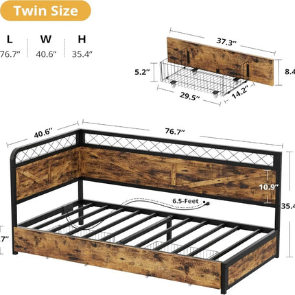FurnitureZ l Twin Corner Bed Frame with LED Lights and Charging Station for Bedroom