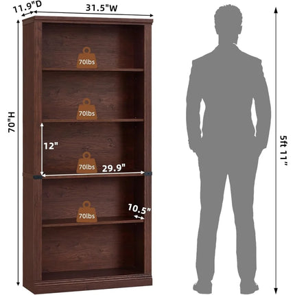 FurnitureZ l  70" Walnut Tall Bookshelf for Living Room, Bedroom, Home Office