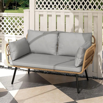 FurnitureZ l  All-Weather Wicker Loveseat with Cushions and Lumbar Pillows for Outdoor