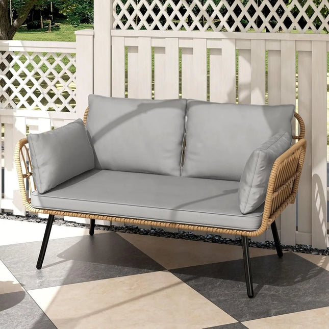 FurnitureZ l  All-Weather Wicker Loveseat with Cushions and Lumbar Pillows for Outdoor