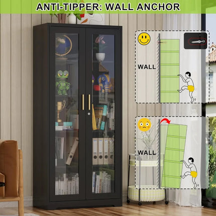 FurnitureZ l  71" Tall Metal and Glass Display Book Cabinet for Living Room, Dining Room, Home Office